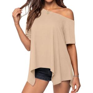 PRETTYGARDEN Womens Off The Shoulder Summer Tops Short Sleeve Tunic Blouse 2026 Casual Spring Asymmetrical Oversized Tshirts(Beige)