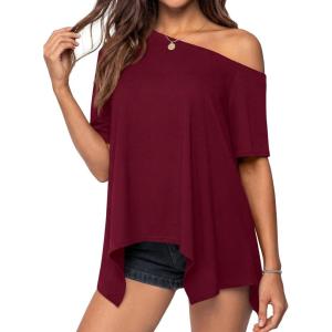 PRETTYGARDEN Womens Off The Shoulder Summer Tops Short Sleeve Tunic Blouse 2026 Casual Spring Asymmetrical Oversized Tshirts(Burgundy)