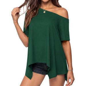 PRETTYGARDEN Womens Off The Shoulder Summer Tops Short Sleeve Tunic Blouse 2026 Casual Spring Asymmetrical Oversized Tshirts(Dark Green)