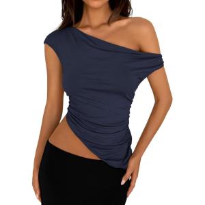 PRETTYGARDEN Womens Off The Shoulder Y2K Tops 2026 Summer Sleeveless Asymmetrical Ruched Going Out Tank Top Fashion Clothing(Navy)