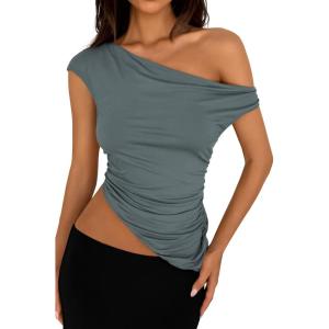 PRETTYGARDEN Womens Off The Shoulder Y2K Tops 2026 Summer Sleeveless Asymmetrical Ruched Going Out Tank Top Fashion Clothing(Sage Green)