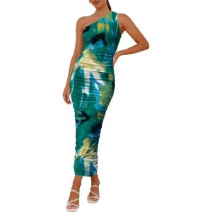 PRETTYGARDEN Women’s One Shoulder Bodycon Dresses Summer 2026 Ruched Floral Beach Cocktail Wedding Guest Dress(Green Floral)
