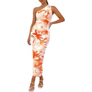 PRETTYGARDEN Women’s One Shoulder Bodycon Dresses Summer 2026 Ruched Floral Beach Cocktail Wedding Guest Dress(Light Orange)