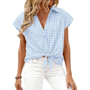 PRETTYGARDEN Womens Short Sleeve Shirts Plaid Button Down Blouse Dressy Casual 2026 Summer Spring Business Gingham Work Tops(Light Blue)