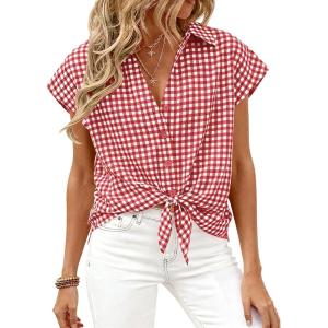 PRETTYGARDEN Womens Short Sleeve Shirts Plaid Button Down Blouse Dressy Casual 2026 Summer Spring Business Gingham Work Tops(Wine Red)