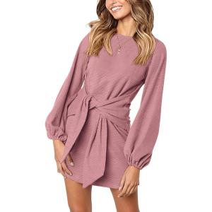 PRETTYGARDEN Womens Spring Elegant Long Lantern Sleeve Short Dress Wedding Guest Crewneck Tie Waist Knit Cocktail Dresses(Pink)