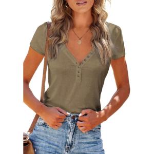 PRETTYGARDEN Women’s Summer Casual Henley T-Shirts Short Sleeve V Neck Button Up Ribbed Knit Slim Fit Basic Tops(Brown)