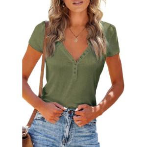 PRETTYGARDEN Women’s Summer Casual Henley T-Shirts Short Sleeve V Neck Button Up Ribbed Knit Slim Fit Basic Tops(Green)