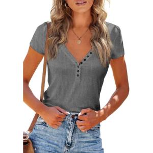 PRETTYGARDEN Women’s Summer Casual Henley T-Shirts Short Sleeve V Neck Button Up Ribbed Knit Slim Fit Basic Tops(Grey)