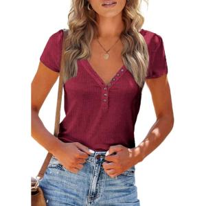 PRETTYGARDEN Women’s Summer Casual Henley T-Shirts Short Sleeve V Neck Button Up Ribbed Knit Slim Fit Basic Tops(Red)