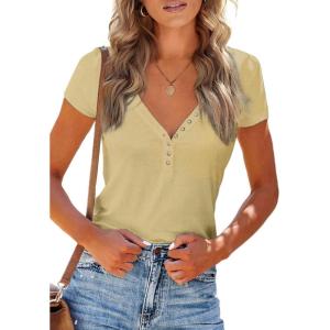 PRETTYGARDEN Women’s Summer Casual Henley T-Shirts Short Sleeve V Neck Button Up Ribbed Knit Slim Fit Basic Tops(Yellow)