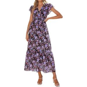 PRETTYGARDEN Women’s Summer Floral Boho Maxi Dress Short Sleeve Wrap V Neck Ruffle Long Flowy Beach Wedding Guest Dresses(Black Purple Floral)