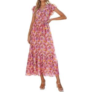 PRETTYGARDEN Women’s Summer Floral Boho Maxi Dress Short Sleeve Wrap V Neck Ruffle Long Flowy Beach Wedding Guest Dresses(Wine Red Floral)