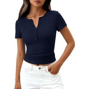 PRETTYGARDEN Womens Summer Short Sleeve Tops 2026 Spring Basic Tees V Neck Button Up Henley T Shirts Fitted Ribbed Blouses(Navy)