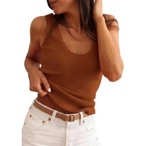 PRETTYGARDEN Womens Summer Sleeveless Tank Tops 2026 V Neck Ruffle Lightweight Ribbed Knit Shirt Casual Going Out Top(Brown)