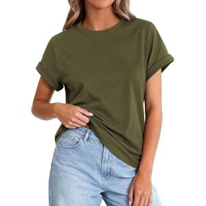 PRETTYGARDEN Womens Summer Tops 2026 Spring Casual Rolled Short Sleeve Basic Tees Crew Neck Work Shirts Fashion Clothing(Army Green)