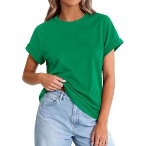 PRETTYGARDEN Womens Summer Tops 2026 Spring Casual Rolled Short Sleeve Basic Tees Crew Neck Work Shirts Fashion Clothing(Green)