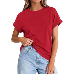 PRETTYGARDEN Womens Summer Tops 2026 Spring Casual Rolled Short Sleeve Basic Tees Crew Neck Work Shirts Fashion Clothing(Red)