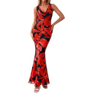 PRETTYGARDEN Women’s Summer Wedding Guest Dress 2026 Spring Cowl Neck Mesh Bodycon Formal Cocktail Party Floral Maxi Dresses(Black Red Flower)