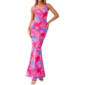 PRETTYGARDEN Women’s Summer Wedding Guest Dress 2026 Spring Cowl Neck Mesh Bodycon Formal Cocktail Party Floral Maxi Dresses(Blue Pink Flower)