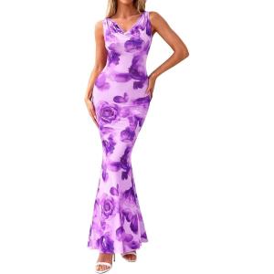 PRETTYGARDEN Women’s Summer Wedding Guest Dress 2026 Spring Cowl Neck Mesh Bodycon Formal Cocktail Party Floral Maxi Dresses(Floral Purple)