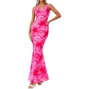 PRETTYGARDEN Women’s Summer Wedding Guest Dress 2026 Spring Cowl Neck Mesh Bodycon Formal Cocktail Party Floral Maxi Dresses(Pink Floral)
