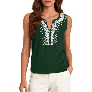 PRETTYGARDEN Womens Tank Tops 2026 Summer Causal V Neck Sleeveless Shirts Floral Print Embroidered Beach Vacation Boho Top(Dark Green)