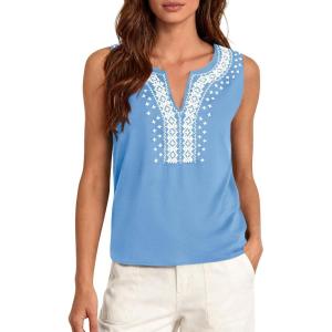 PRETTYGARDEN Womens Tank Tops 2026 Summer Causal V Neck Sleeveless Shirts Floral Print Embroidered Beach Vacation Boho Top(Light Blue)
