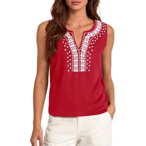 PRETTYGARDEN Womens Tank Tops 2026 Summer Causal V Neck Sleeveless Shirts Floral Print Embroidered Beach Vacation Boho Top(Red)
