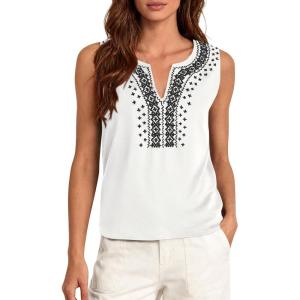PRETTYGARDEN Womens Tank Tops 2026 Summer Causal V Neck Sleeveless Shirts Floral Print Embroidered Beach Vacation Boho Top(White)