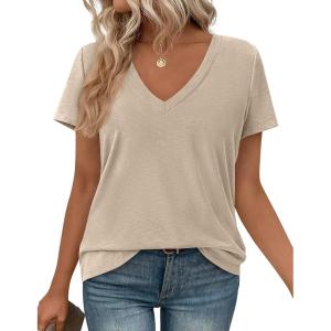 PRETTYGARDEN Womens Tops Short Sleeve Oversized Tshirts Shirts 2026 Summer Casual V Neck Loose Basic Tees Spring Tunic Blouse(Apricot)
