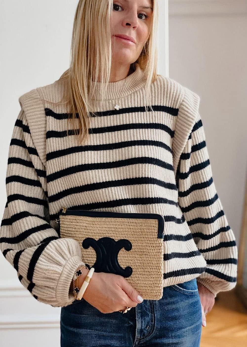 imagePRETTYGARDEN Fall Sweaters for Women 2025 Long Sleeve Crewneck Blouses Dressy Casual Ribbed Striped Knit Pullover Jumper TopsBeige Apricot