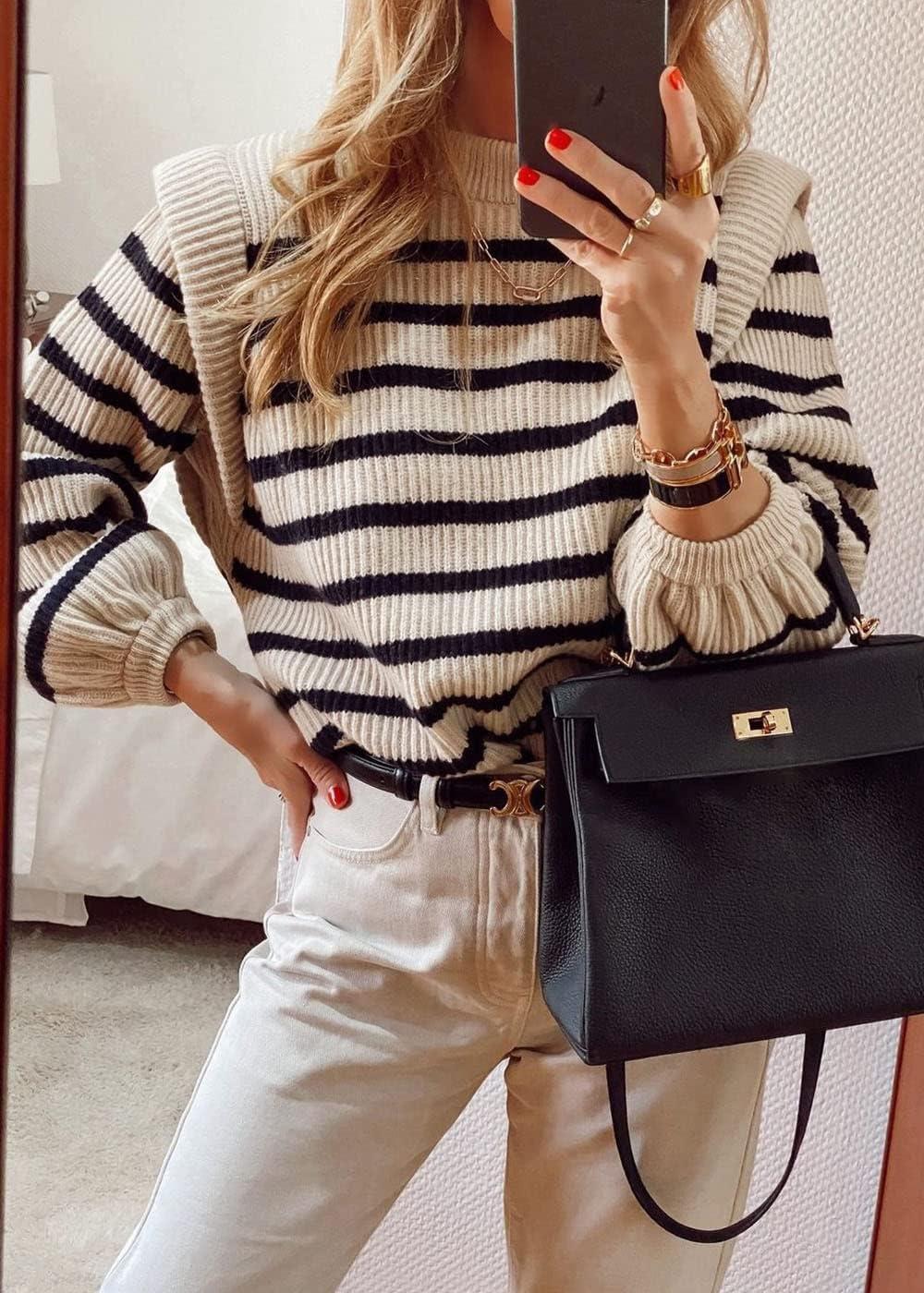 imagePRETTYGARDEN Fall Sweaters for Women 2025 Long Sleeve Crewneck Blouses Dressy Casual Ribbed Striped Knit Pullover Jumper TopsBeige Apricot