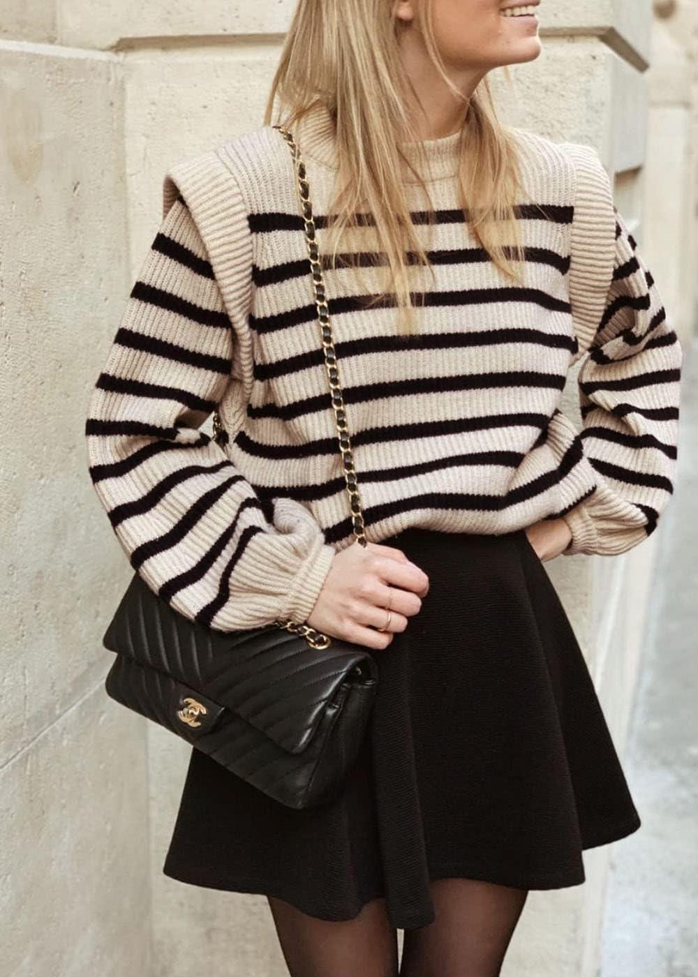 imagePRETTYGARDEN Fall Sweaters for Women 2025 Long Sleeve Crewneck Blouses Dressy Casual Ribbed Striped Knit Pullover Jumper TopsBeige Apricot