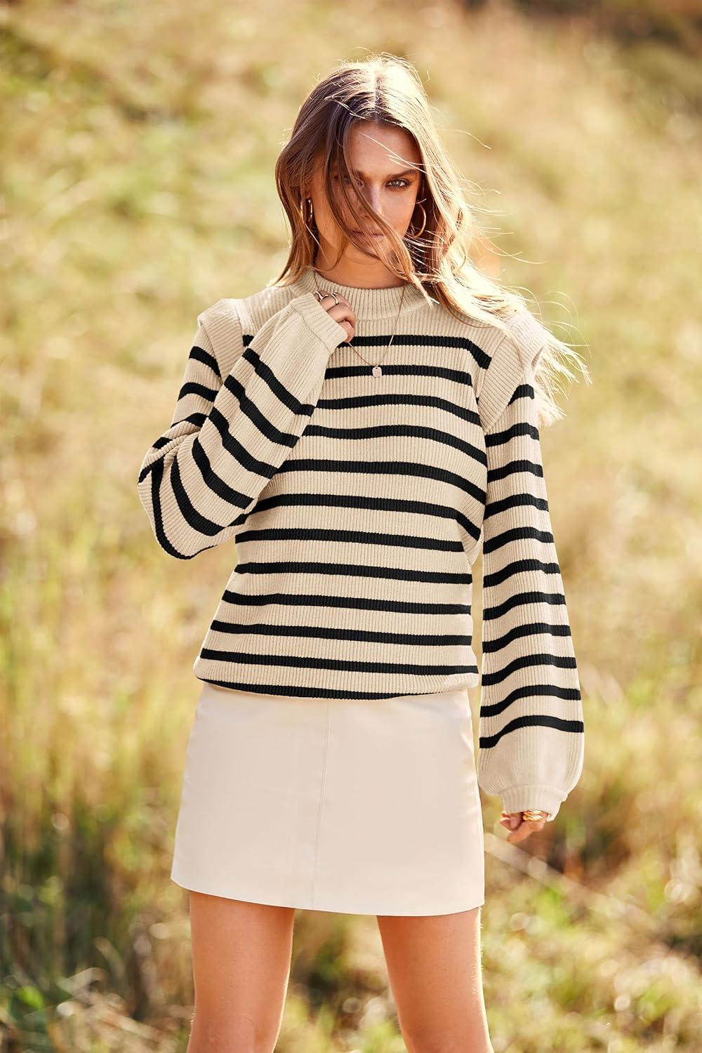 imagePRETTYGARDEN Fall Sweaters for Women 2025 Long Sleeve Crewneck Blouses Dressy Casual Ribbed Striped Knit Pullover Jumper TopsBeige Apricot