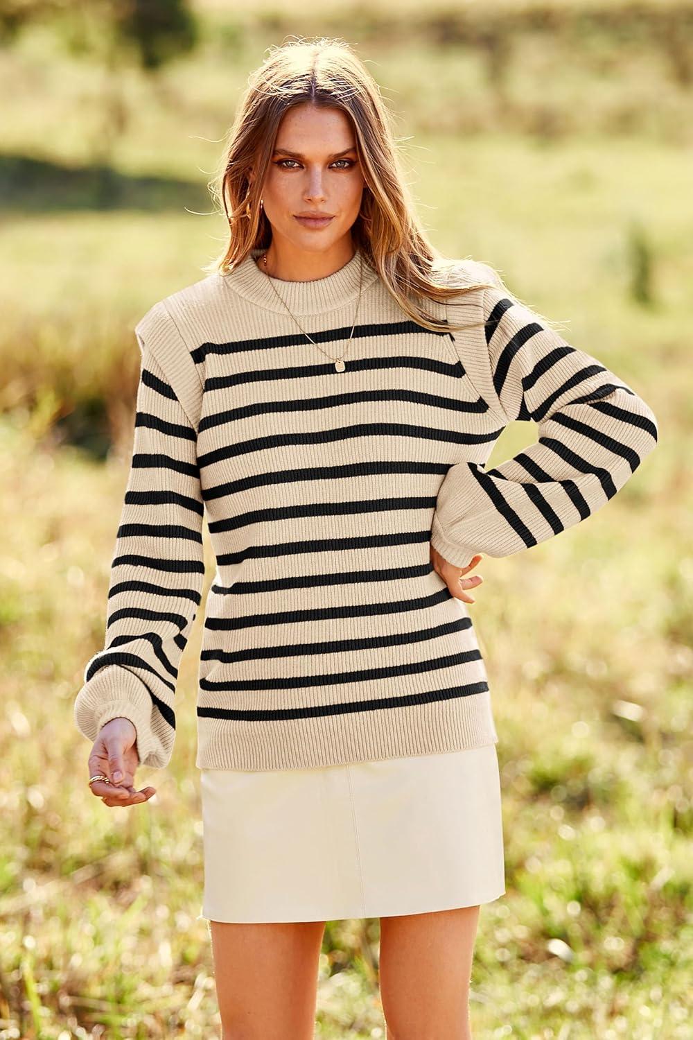 imagePRETTYGARDEN Fall Sweaters for Women 2025 Long Sleeve Crewneck Blouses Dressy Casual Ribbed Striped Knit Pullover Jumper TopsBeige Apricot