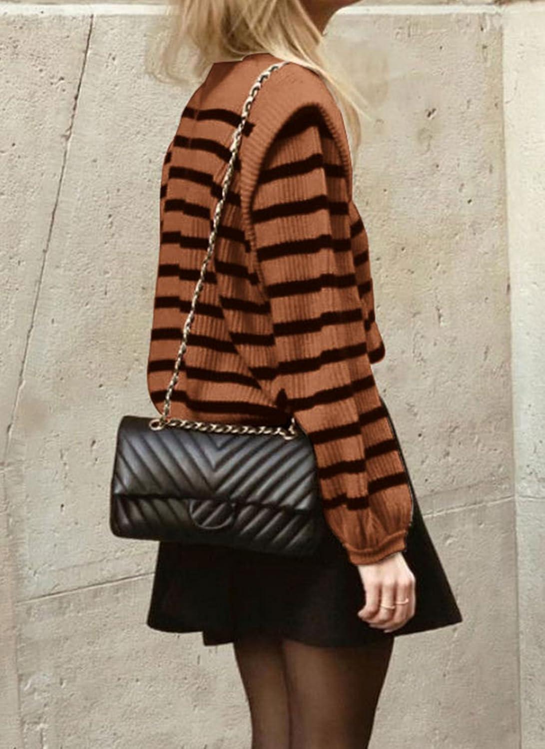 imagePRETTYGARDEN Fall Sweaters for Women 2025 Long Sleeve Crewneck Blouses Dressy Casual Ribbed Striped Knit Pullover Jumper TopsBrown