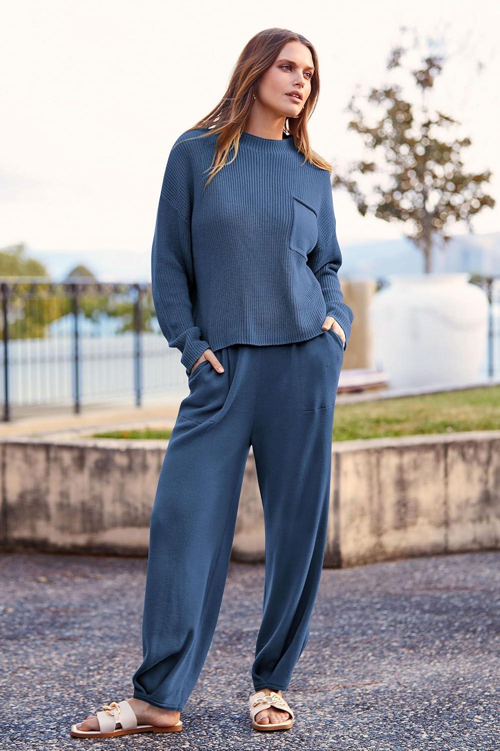imagePRETTYGARDEN Two Piece Sets for Women 2026 Pullover Sweater High Waisted Sweatpants Tracksuit Lounge Set Fall Winter OutfitsDark Blue