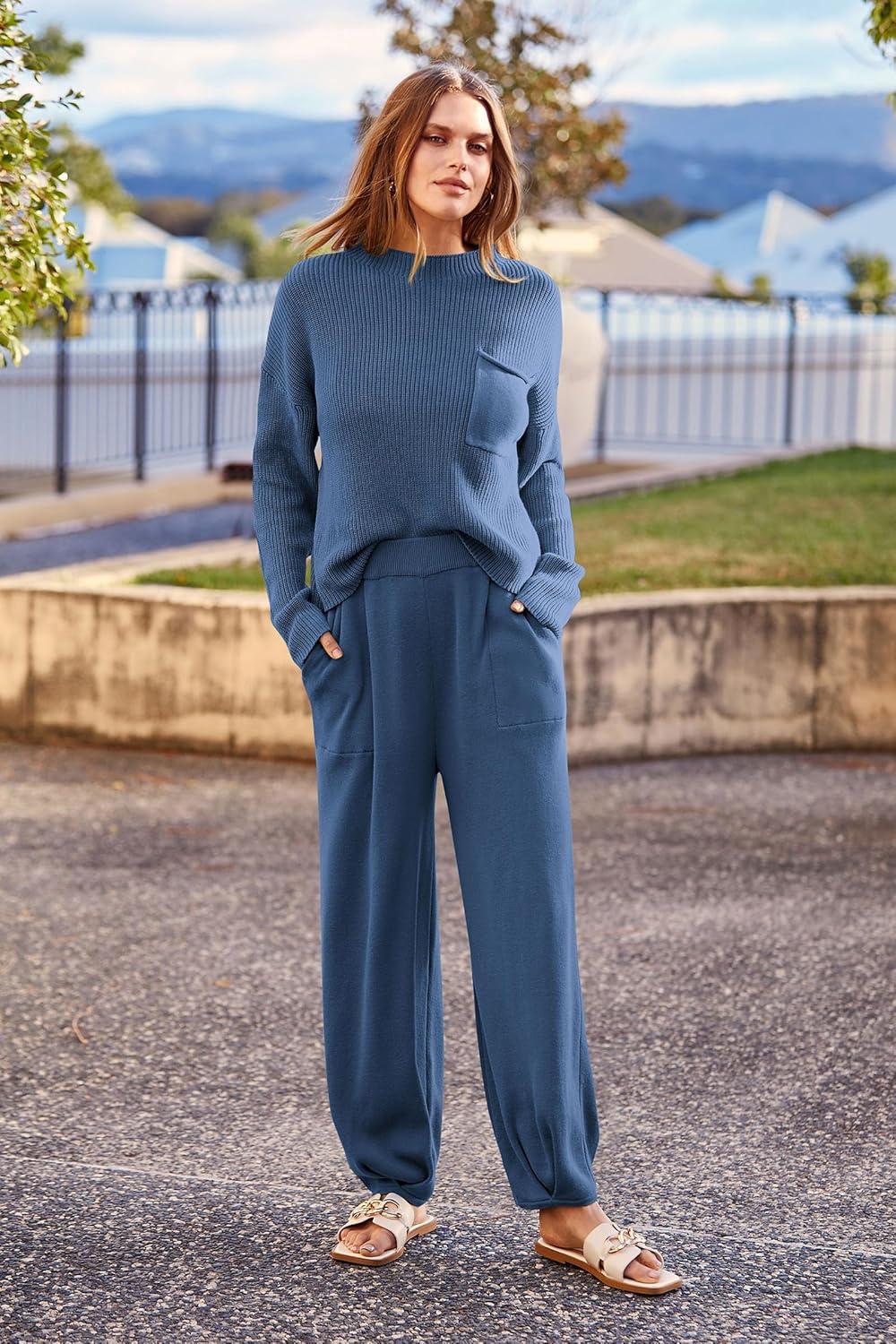imagePRETTYGARDEN Two Piece Sets for Women 2026 Pullover Sweater High Waisted Sweatpants Tracksuit Lounge Set Fall Winter OutfitsDark Blue