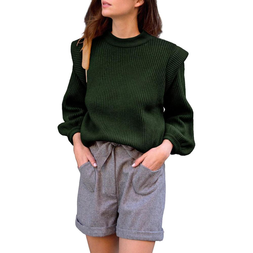 imagePRETTYGARDEN Fall Sweaters for Women 2025 Long Sleeve Crewneck Blouses Dressy Casual Ribbed Striped Knit Pullover Jumper TopsSolid Army Green