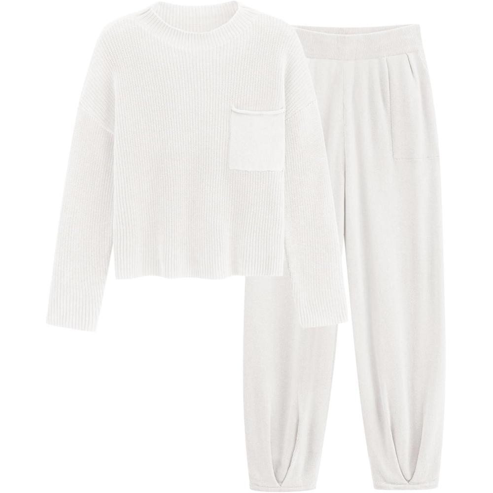 imagePRETTYGARDEN Two Piece Sets for Women 2026 Pullover Sweater High Waisted Sweatpants Tracksuit Lounge Set Fall Winter OutfitsBeige White