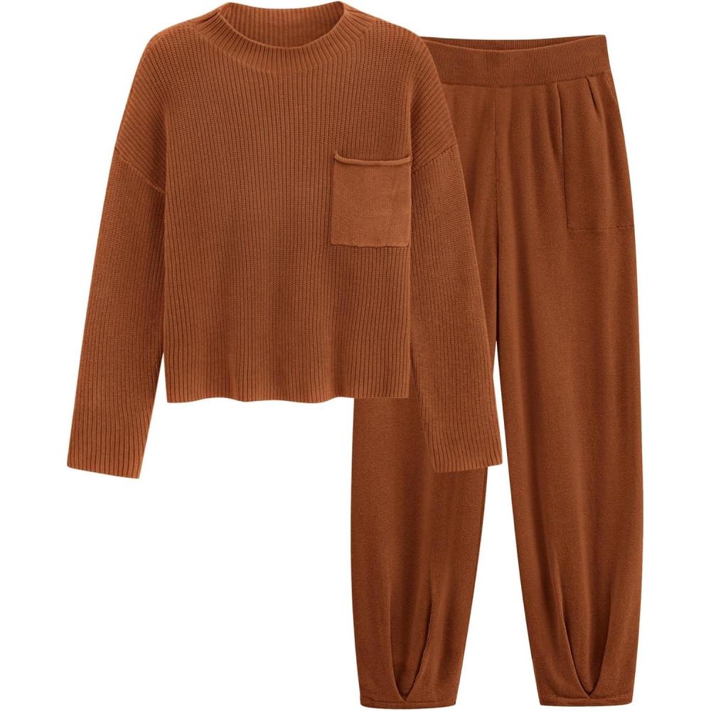 imagePRETTYGARDEN Two Piece Sets for Women 2026 Pullover Sweater High Waisted Sweatpants Tracksuit Lounge Set Fall Winter OutfitsBrown