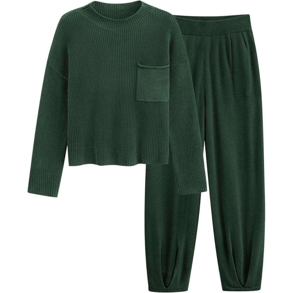 imagePRETTYGARDEN Two Piece Sets for Women 2026 Pullover Sweater High Waisted Sweatpants Tracksuit Lounge Set Fall Winter OutfitsDark Green