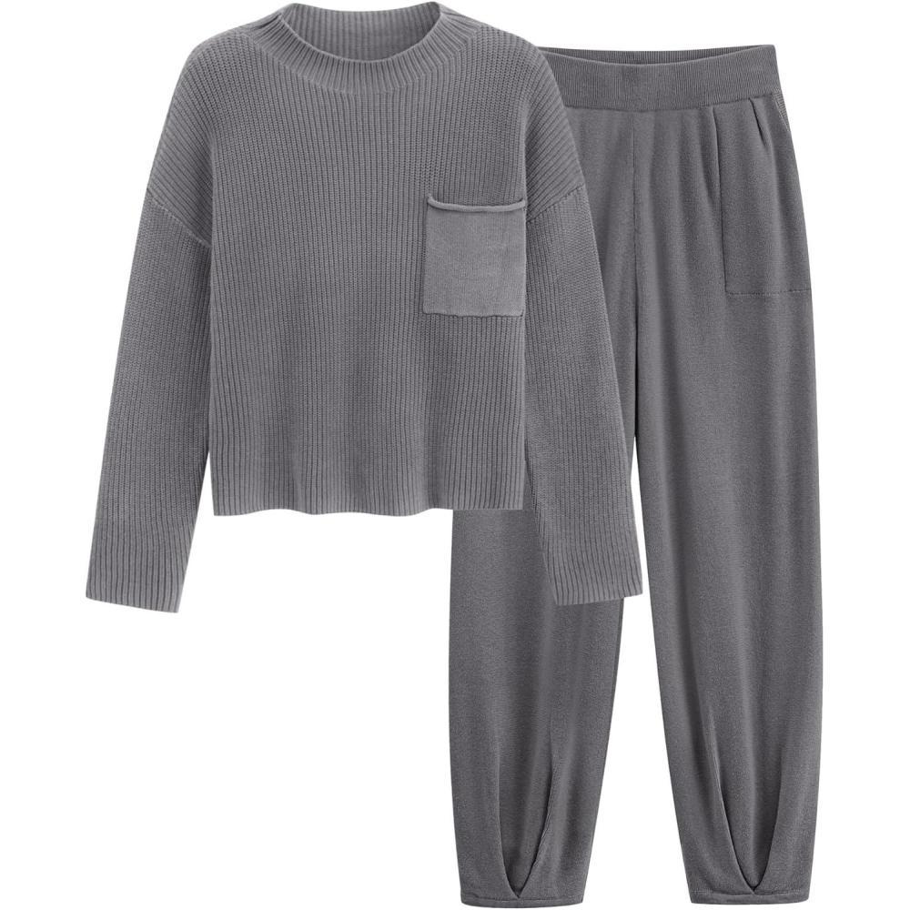 imagePRETTYGARDEN Two Piece Sets for Women 2026 Pullover Sweater High Waisted Sweatpants Tracksuit Lounge Set Fall Winter OutfitsDark Grey