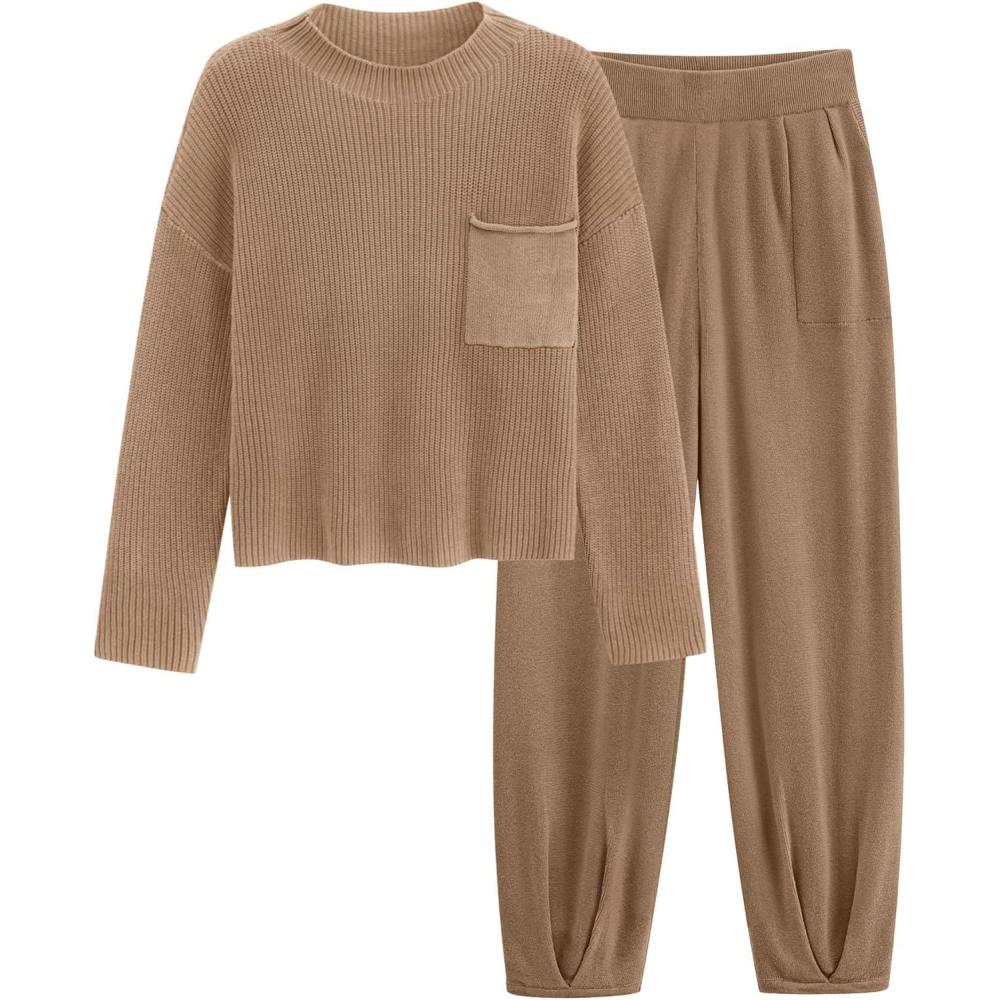 imagePRETTYGARDEN Two Piece Sets for Women 2026 Pullover Sweater High Waisted Sweatpants Tracksuit Lounge Set Fall Winter OutfitsKhaki