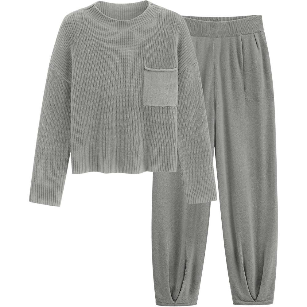 imagePRETTYGARDEN Two Piece Sets for Women 2026 Pullover Sweater High Waisted Sweatpants Tracksuit Lounge Set Fall Winter OutfitsLight Grey