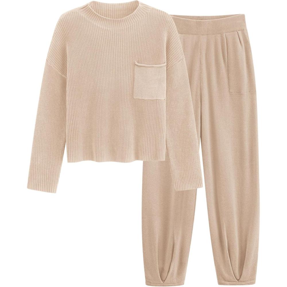 imagePRETTYGARDEN Two Piece Sets for Women 2026 Pullover Sweater High Waisted Sweatpants Tracksuit Lounge Set Fall Winter OutfitsLight Khaki