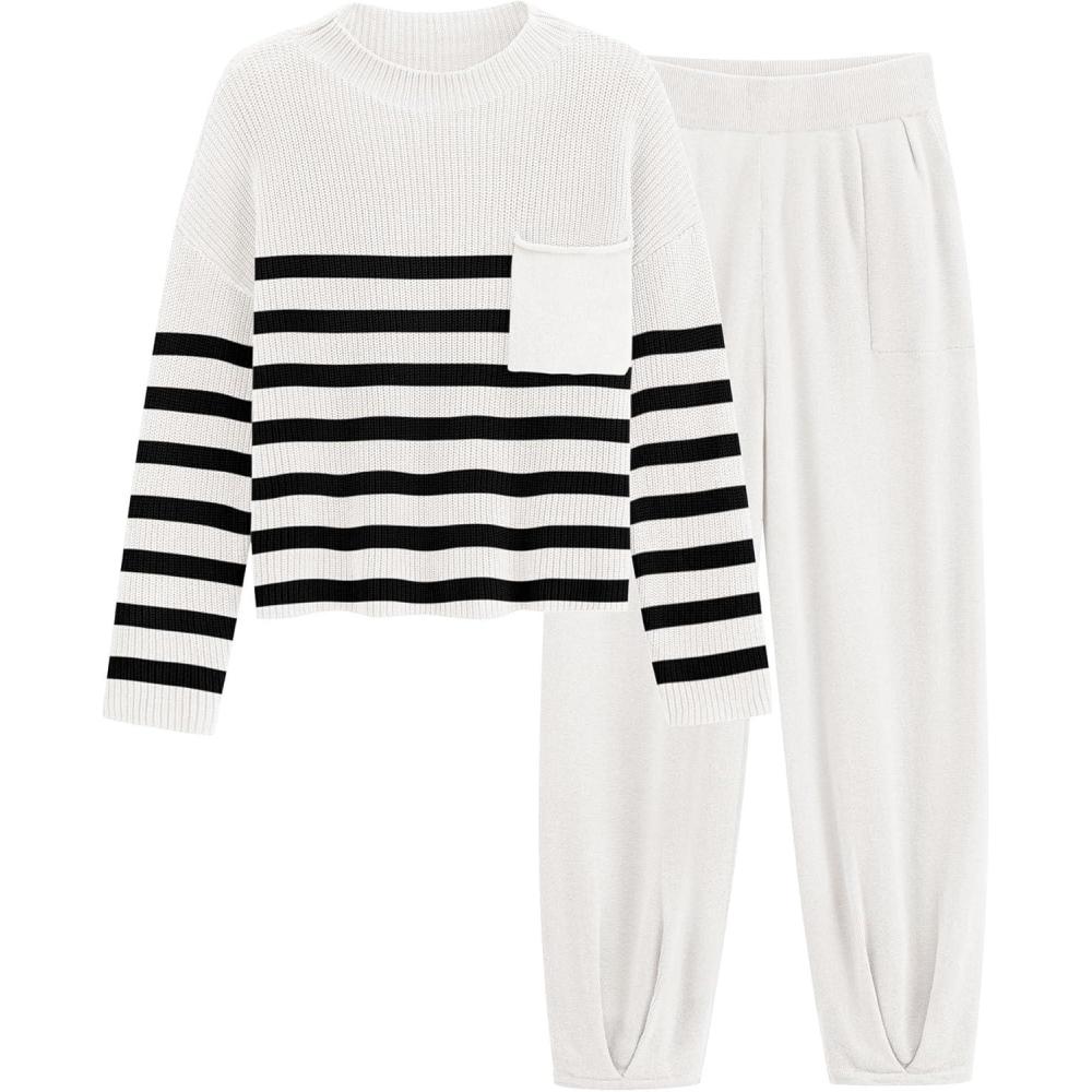 imagePRETTYGARDEN Two Piece Sets for Women 2026 Pullover Sweater High Waisted Sweatpants Tracksuit Lounge Set Fall Winter OutfitsStriped White