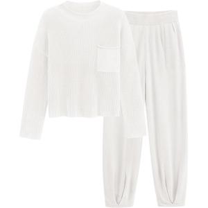 PRETTYGARDEN Two Piece Sets for Women 2026 Pullover Sweater High Waisted Sweatpants Tracksuit Lounge Set Fall Winter Outfits(Beige White)