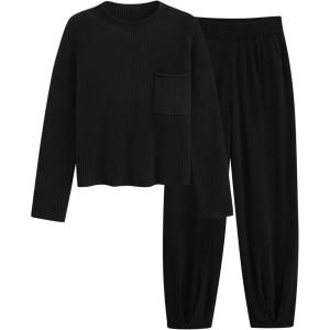 PRETTYGARDEN Two Piece Sets for Women 2026 Pullover Sweater High Waisted Sweatpants Tracksuit Lounge Set Fall Winter Outfits(Black)